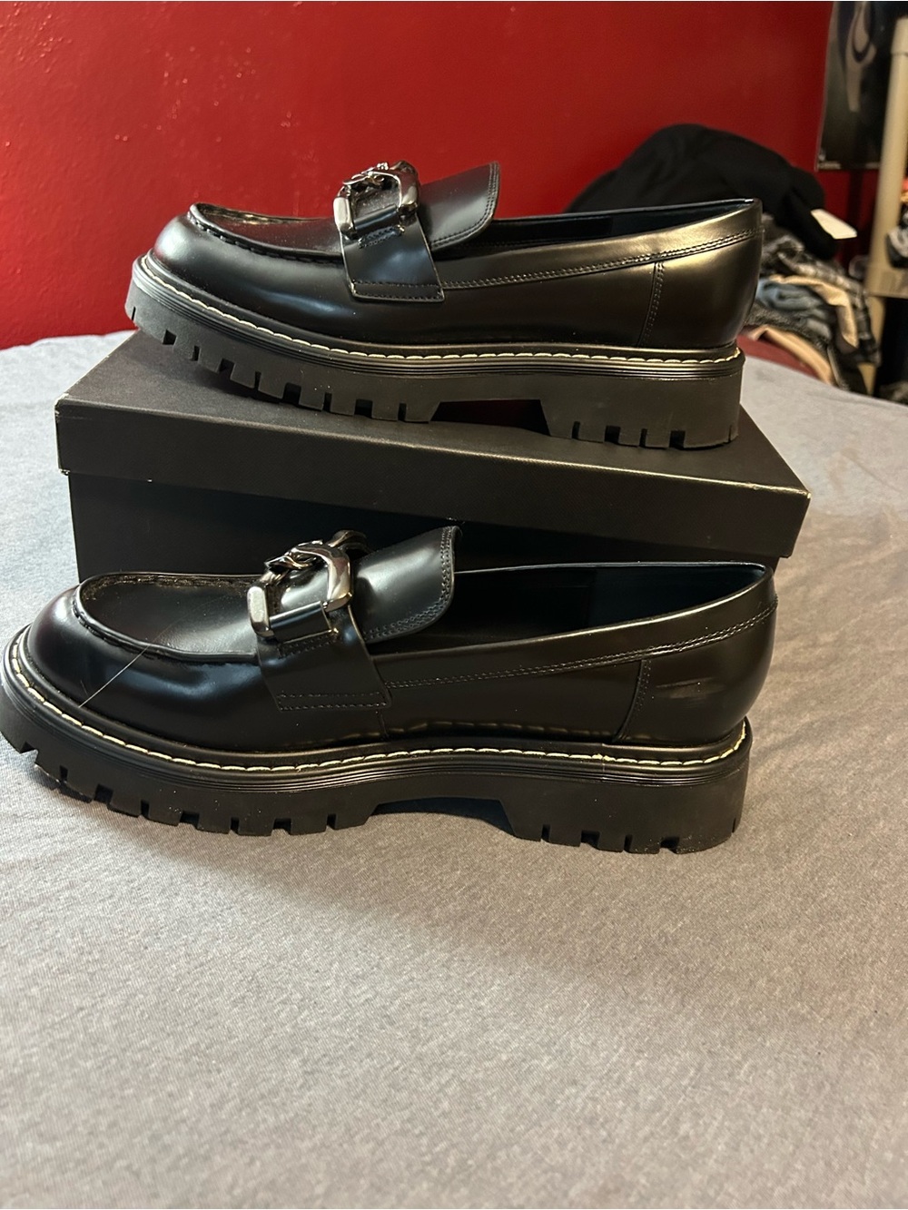 Marc Fisher Black Chunky Lug Sole Leather Loafers